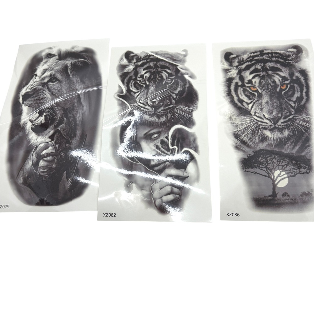 Temporary Tattoo Stickers 3 Pack Black White Tiger, Lion Gladiator